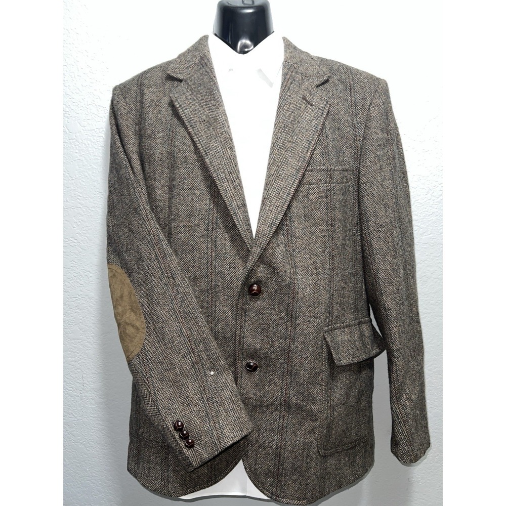 PENDELTON Blazer 44L Sport Coat Jacket Virgin Wool Brown Herringbone Elbow Patch